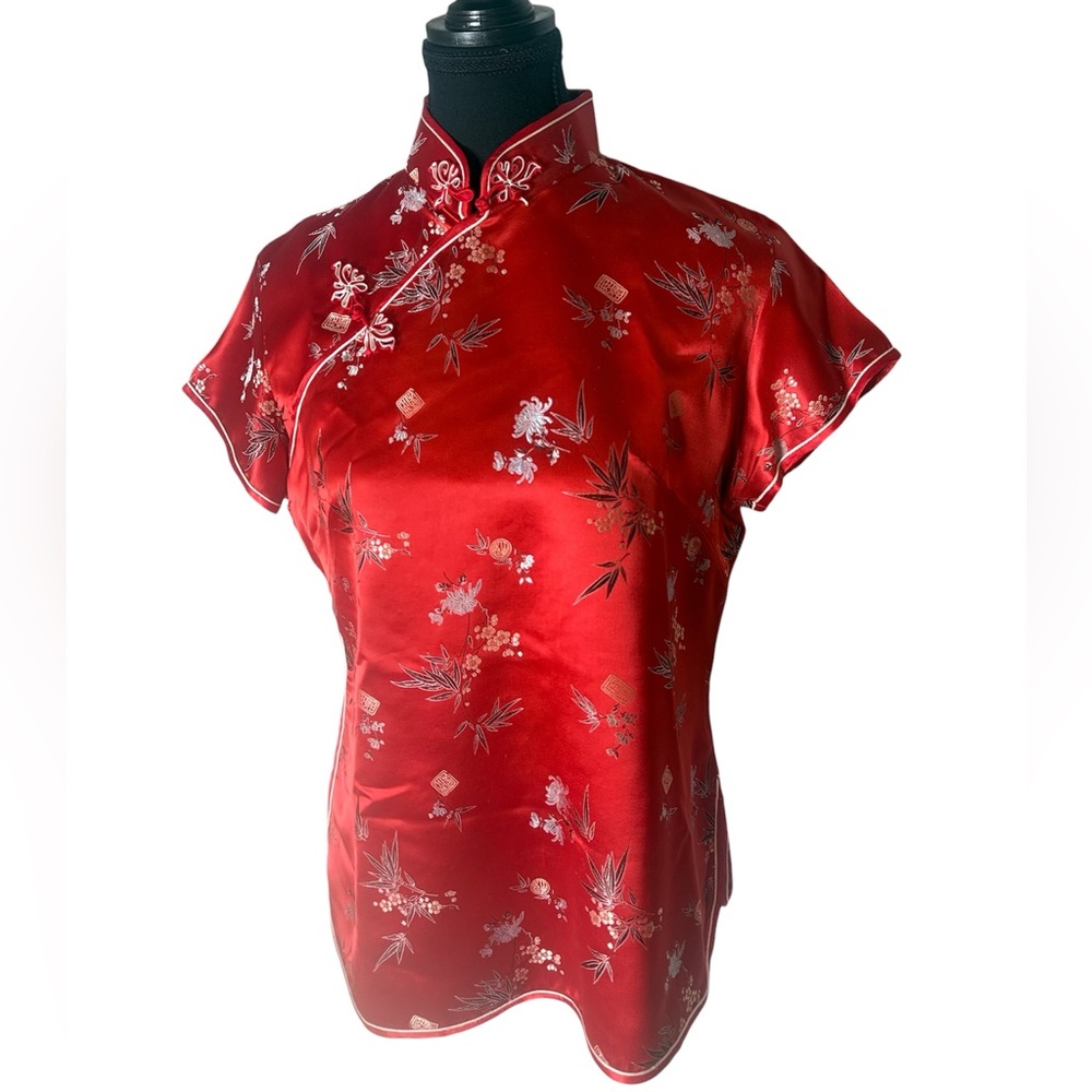 Vintage Cheongsam Satin Chinese Shanghai Blouse Short Sleeve Red Floral Sz 42 10